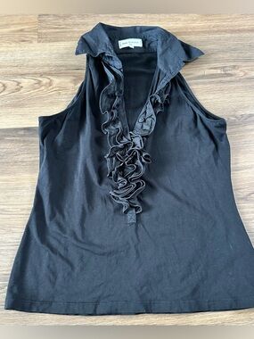 Anne Fontaine Nastia Sleeveless Ruffle Button Front Black Blouse 42 Paris Shirt